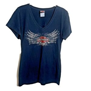 Harley Davidson Shirt Women's V Neck‎ Orange and Black Cotton Stretch VA Beach L